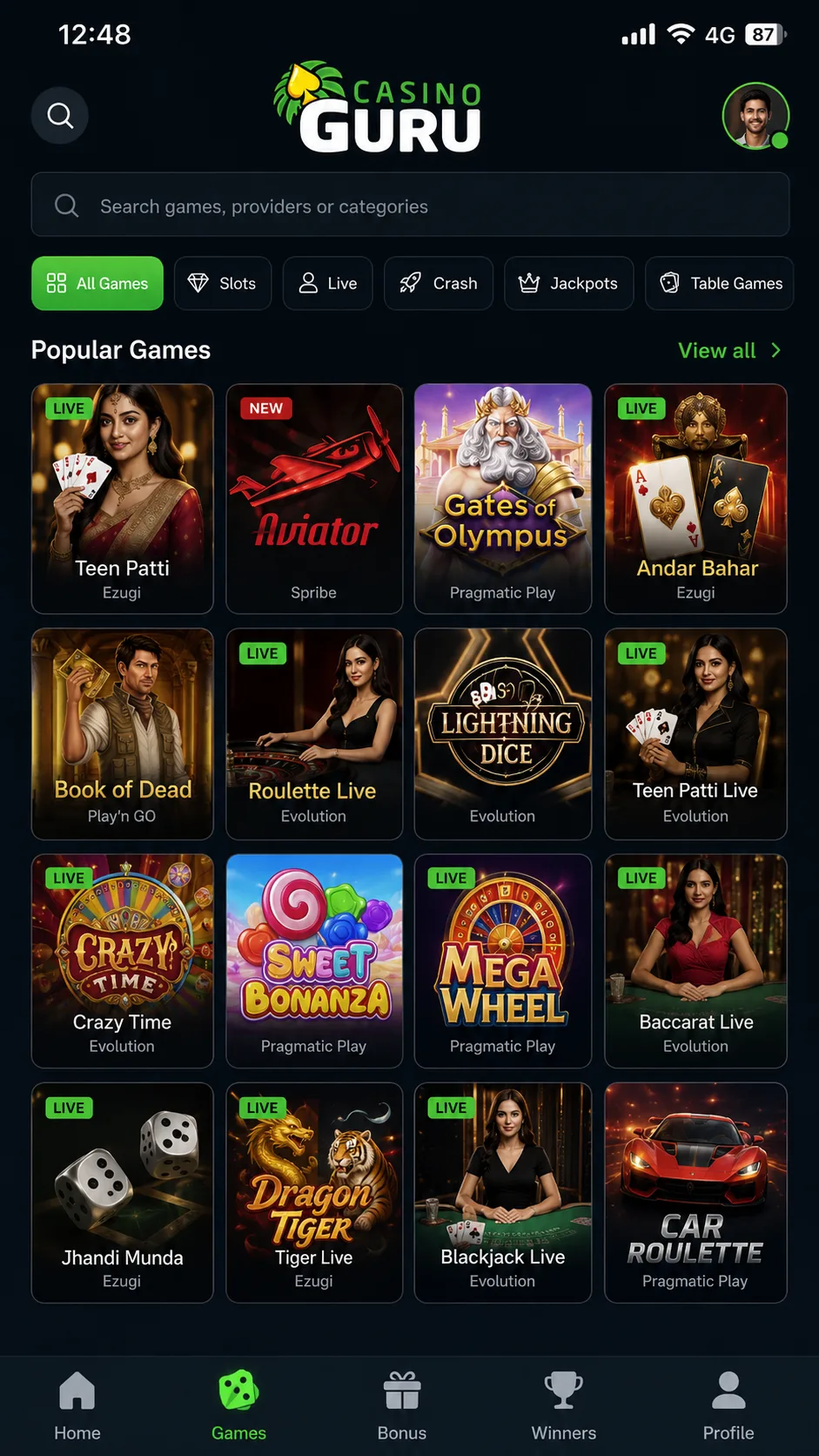 Casino Guru India कैसीनो इंटरफ़ेस स्क्रीनशॉट 4